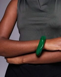 Kaiia Resin Asymmetric Bangle In Dark Green For Women