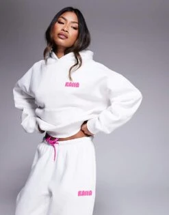 Kaiia Wavy Back Print Logo Hoodie Co-ord In White And Pink For Women White And Hot Pink -Kaiia Online Shop 207506135 2