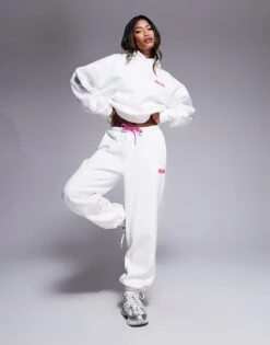 Kaiia Wavy Back Print Logo Hoodie Co-ord In White And Pink For Women White And Hot Pink -Kaiia Online Shop 207506135 3