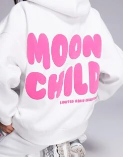 Kaiia Wavy Back Print Logo Hoodie Co-ord In White And Pink For Women White And Hot Pink -Kaiia Online Shop 207506135 4