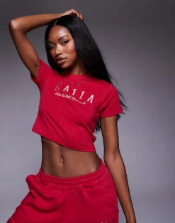 Kaiia Embroidered Logo Baby Tee, Hoodie, And Joggers Co-ord In Burgundy -Kaiia Online Shop 207506145 1 redandpink 1