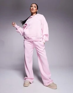 Kaiia Bow Embroidered Logo Deep Waistband Wide Leg Jogger Co-ord In Baby Pink For Women