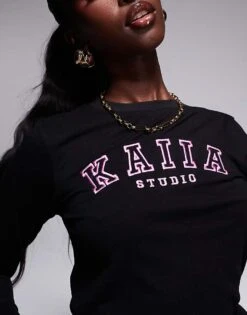 Kaiia Embroidered Logo Long Sleeve Top Co-ord In Black And Pink For Women -Kaiia Online Shop 207506225 3
