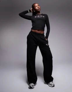 Kaiia Embroidered Logo Long Sleeve Top Co-ord In Black And Pink For Women -Kaiia Online Shop 207506225 4