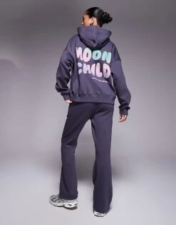 Kaiia Wavy Back Print Oversized T-shirt, Hoodie And Jogger Co-ord In Charcoal