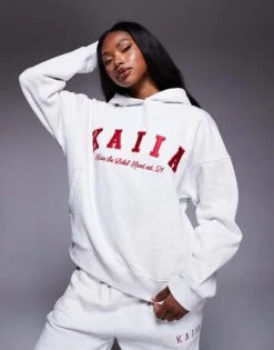 Kaiia Embroidered Logo Cropped T-shirt, Hoodie And Wide Leg Joggers Co-ord In Light Grey Marl And Red -Kaiia Online Shop 207506255 1 greymarlandred