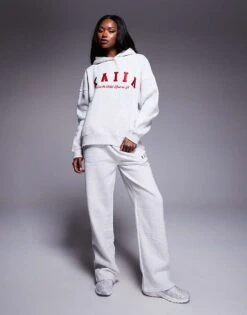 Kaiia Embroidered Logo Cropped T-shirt, Hoodie And Wide Leg Joggers Co-ord In Light Grey Marl And Red