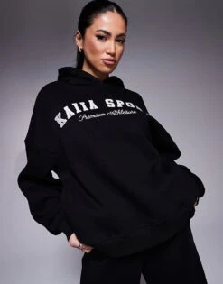 Kaiia Sport Embroidered Logo Oversized Hoodie In Black And White For Women
