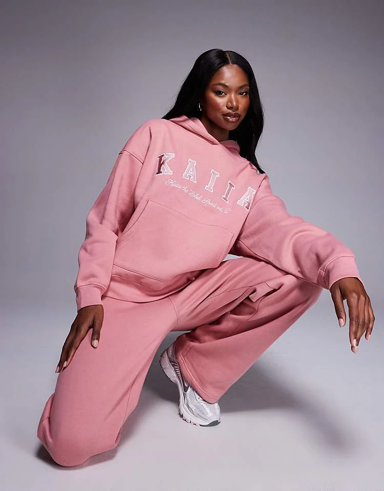 Kaiia Embroidered Logo Oversized Hoodie And Wide Leg Jogger Co-ord In Pink 4 Kaiia Embroidered Logo Oversized Hoodie And Wide Leg Jogger Co-ord In Pink - Image 2