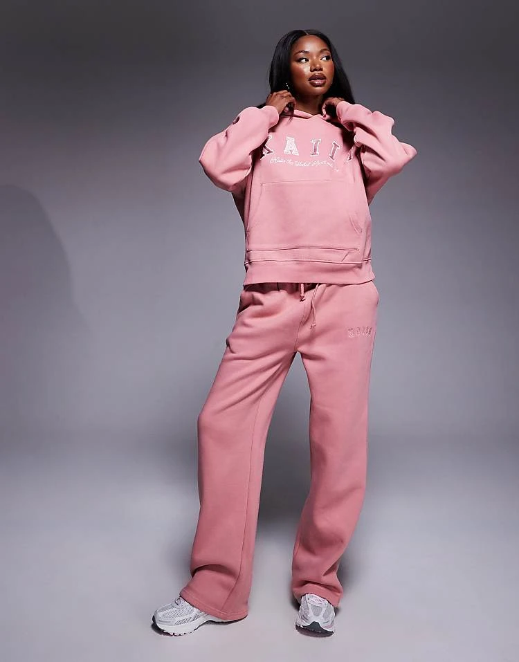 Kaiia Embroidered Logo Oversized Hoodie And Wide Leg Jogger Co-ord In Pink 3 Kaiia Embroidered Logo Oversized Hoodie And Wide Leg Jogger Co-ord In Pink