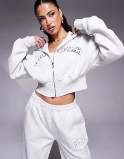 Kaiia Embroidered Logo Cropped Zip Through Hoodie And Wide Leg Jogger Co-ord In Light Grey Marl And White -Kaiia Online Shop 207506427 1 greymarlandwhite 1