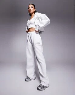 Kaiia Embroidered Logo Cropped Zip Through Hoodie And Wide Leg Jogger Co-ord In Light Grey Marl And White