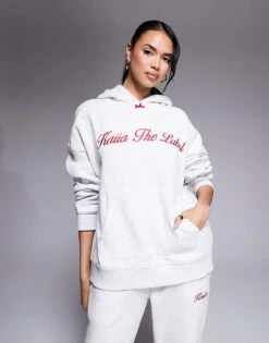 Kaiia The Label Bow Oversized Hoodie And Joggers Co-ord In Grey And Red