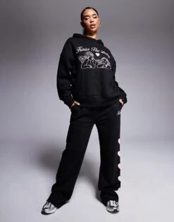 Kaiia Angel Logo Oversized T-shirt, Hoodie And Joggers Co-ord In Black And Pink
