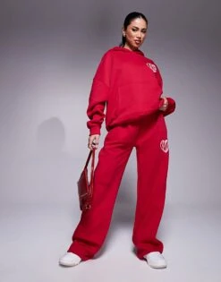 Kaiia Heart Logo Oversized Hoodie And Joggers Co-ord In Burgundy And Pink