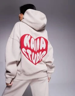 Kaiia Heart Logo Oversized Hoodie, Tee And Jogger Co-ord In Stone And Red -Kaiia Online Shop 207516842 1 stoneandred