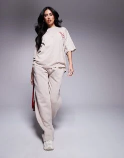 Kaiia Heart Logo Oversized Hoodie, Tee And Jogger Co-ord In Stone And Red