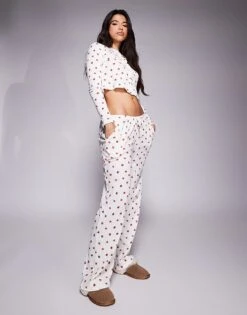 Kaiia Exclusive Cropped Button Through Pointelle Pyjama Top And Bottoms Co-ord In Red Ditsy Floral