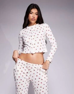 Kaiia Exclusive Cropped Button Through Pointelle Pyjama Top And Bottoms Co-ord In Red Ditsy Floral -Kaiia Online Shop 207527154 1 white 1