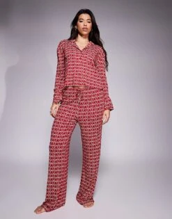 Kaiia Exclusive Mix And Match Cropped Button Through Pyjama Top, Shorts And Bottoms Co-ord In Burgundy Bow Print -Kaiia Online Shop 207527226 1 burgundy