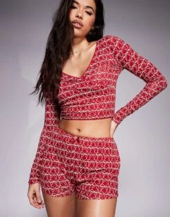 Kaiia Exclusive Mix And Match Cropped Button Through Pyjama Top, Shorts And Bottoms Co-ord In Burgundy Bow Print -Kaiia Online Shop 207527267 1 burgundy