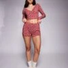 Kaiia Exclusive Mix And Match Cropped Button Through Pyjama Top, Shorts And Bottoms Co-ord In Burgundy Bow Print -Kaiia Online Shop 207527267 4