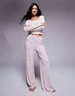 Kaiia Exclusive Pyjama Bottoms Co-ord In Cream & Red Bow Print For Women Cream And Red