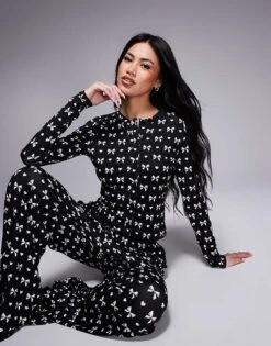 Kaiia Exclusive Cropped Button Through Pyjama Shirt Co-ord In Black & White Bow Print For Women -Kaiia Online Shop 207527286 1 black 1