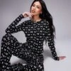 Kaiia Exclusive Cropped Button Through Pyjama Shirt Co-ord In Black & White Bow Print For Women -Kaiia Online Shop 207527286 1 black