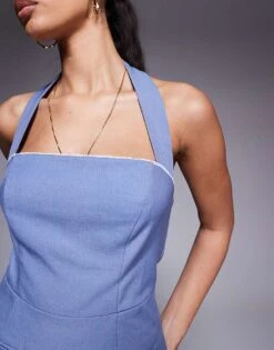 Kaiia Exclusive Tailored Square Neck Halter Mini Dress In Steel Blue For Women -Kaiia Online Shop 207572988 3