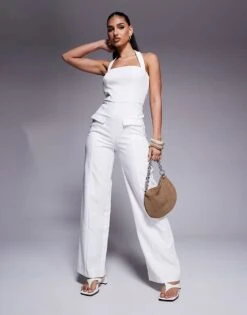 Kaiia Exclusive Square Halterneck Wide Leg Pocket Detail Jumpsuit In White For Women