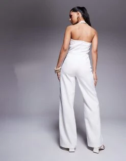 Kaiia Exclusive Square Halterneck Wide Leg Pocket Detail Jumpsuit In White For Women -Kaiia Online Shop 207572999 3