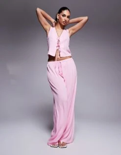 Kaiia Exclusive Tie Front Beach Waistcoat & Textured Wide Leg Trousers Co-ord In Pink