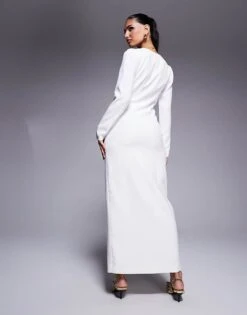 Kaiia Exclusive Tailored Long Sleeve Button Through Maxi Dress In White For Women -Kaiia Online Shop 207573031 4