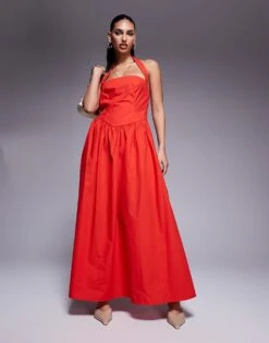 Kaiia Exclusive Poplin Square Neck Halter Maxi Dress In Red For Women -Kaiia Online Shop 207573061 1 red 1