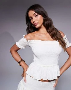 Kaiia Exclusive Shirred Textured Peplum Bardot Top Co-ord In Cream For Women -Kaiia Online Shop 207573109 1 cream 1