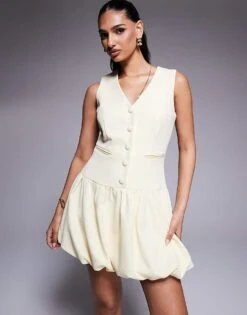 Kaiia Exclusive Tailored Sleeveless Button Through Puffball Mini Dress In Yellow For Women -Kaiia Online Shop 207573110 1 yellow 1