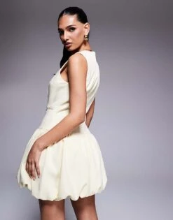 Kaiia Exclusive Tailored Sleeveless Button Through Puffball Mini Dress In Yellow For Women -Kaiia Online Shop 207573110 3