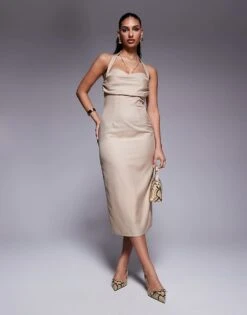 Kaiia Exclusive Tailored Ruched Bust Detail Halterneck Midaxi Dress In Stone For Women -Kaiia Online Shop 207573132 1 stone 1