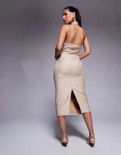 Kaiia Exclusive Tailored Ruched Bust Detail Halterneck Midaxi Dress In Stone For Women -Kaiia Online Shop 207573132 4