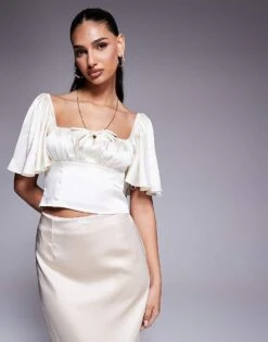 Kaiia Exclusive Satin Flutter Sleeve Tie Ruched Bust Milkmaid Top In Cream For Women White -Kaiia Online Shop 207573146 1 white 1