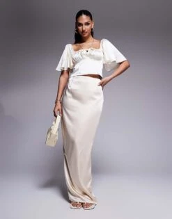 Kaiia Exclusive Satin Flutter Sleeve Tie Ruched Bust Milkmaid Top In Cream For Women White -Kaiia Online Shop 207573146 4