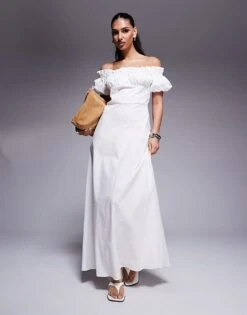 Kaiia Exclusive Bardot Poplin Puff Sleeve Maxi Dress In White For Women -Kaiia Online Shop 207573151 1 white 1