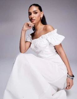 Kaiia Exclusive Bardot Poplin Puff Sleeve Maxi Dress In White For Women -Kaiia Online Shop 207573151 2