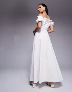 Kaiia Exclusive Bardot Poplin Puff Sleeve Maxi Dress In White For Women -Kaiia Online Shop 207573151 3
