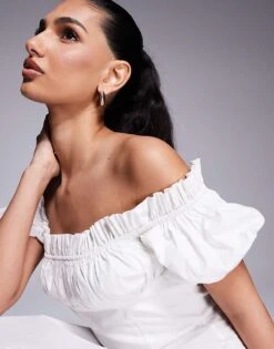 Kaiia Exclusive Bardot Poplin Puff Sleeve Maxi Dress In White For Women -Kaiia Online Shop 207573151 4