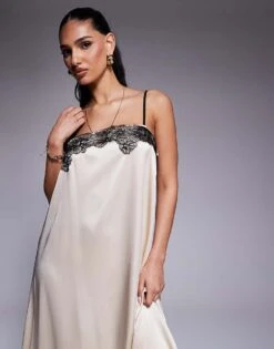 Kaiia Exclusive Contrast Lace Detail Cami Trapeze Satin Maxi Dress In Cream For Women -Kaiia Online Shop 207573198 2