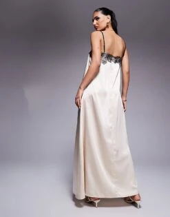 Kaiia Exclusive Contrast Lace Detail Cami Trapeze Satin Maxi Dress In Cream For Women -Kaiia Online Shop 207573198 3