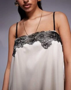 Kaiia Exclusive Contrast Lace Detail Cami Trapeze Satin Maxi Dress In Cream For Women -Kaiia Online Shop 207573198 4