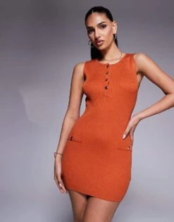 Kaiia Exclusive Knitted Button Front Pocket Detail Sleeveless Mini Dress In Rust For Women -Kaiia Online Shop 207573208 1 rust 1
